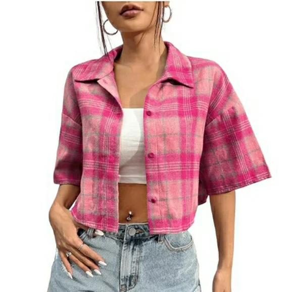 Oversized Button Down Short Sleeve Shirt Textured Collared Crop Top Pink - Picture 3 of 5